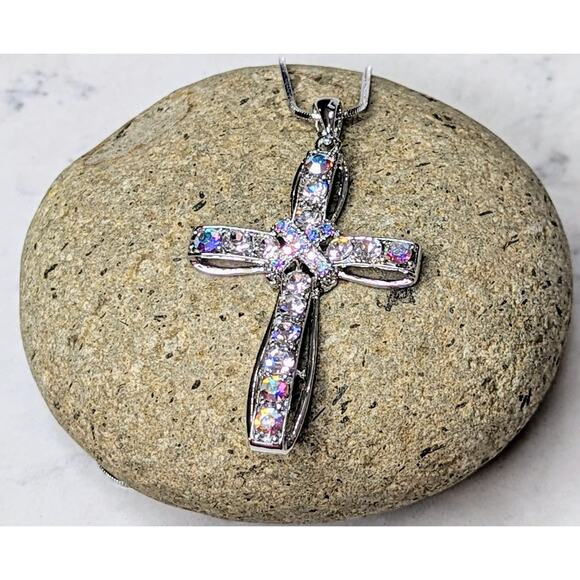 White Gold Plated Crystal Cross Necklace - Picture 4 of 12